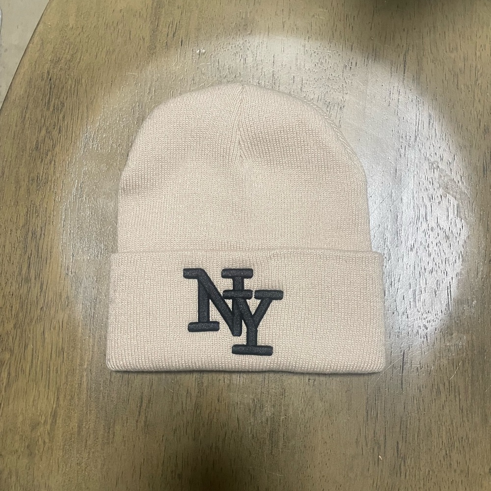 Beige Knit Beanie with NY Logo
